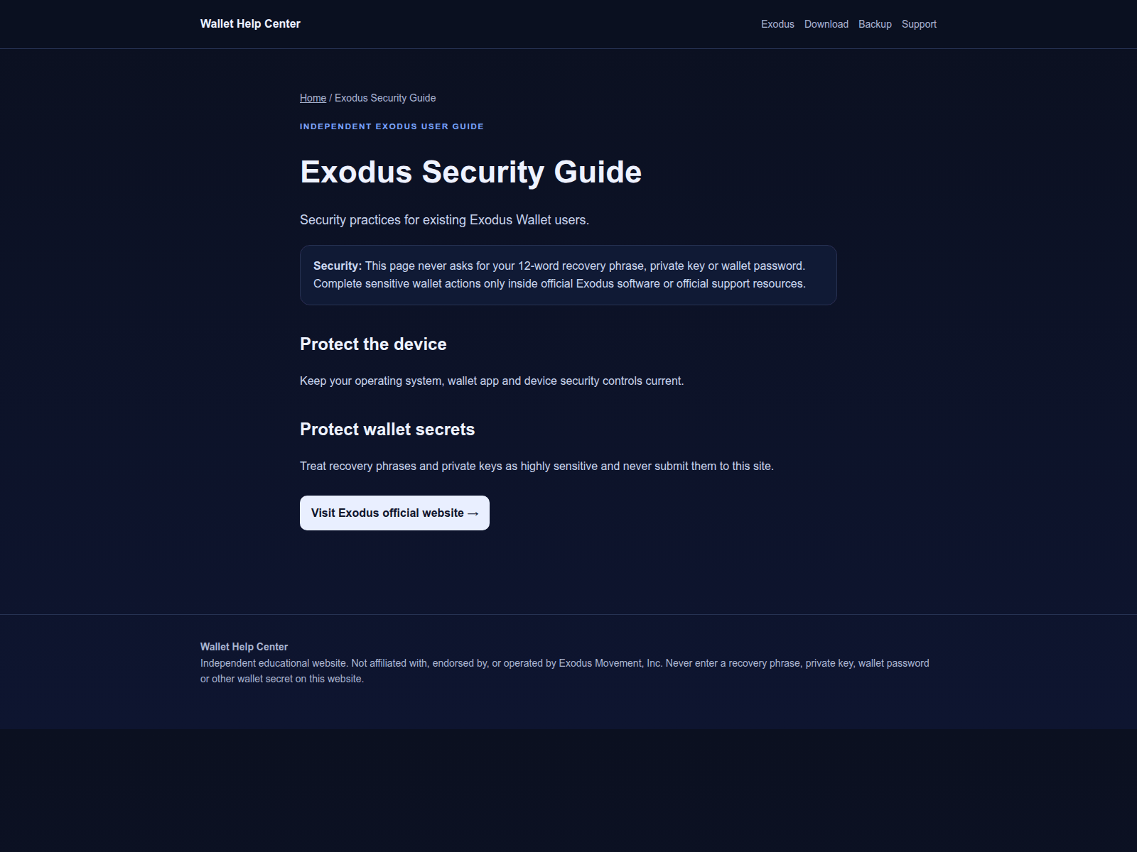 Captura de tela de exoduswallethelpcenter.vercel.app