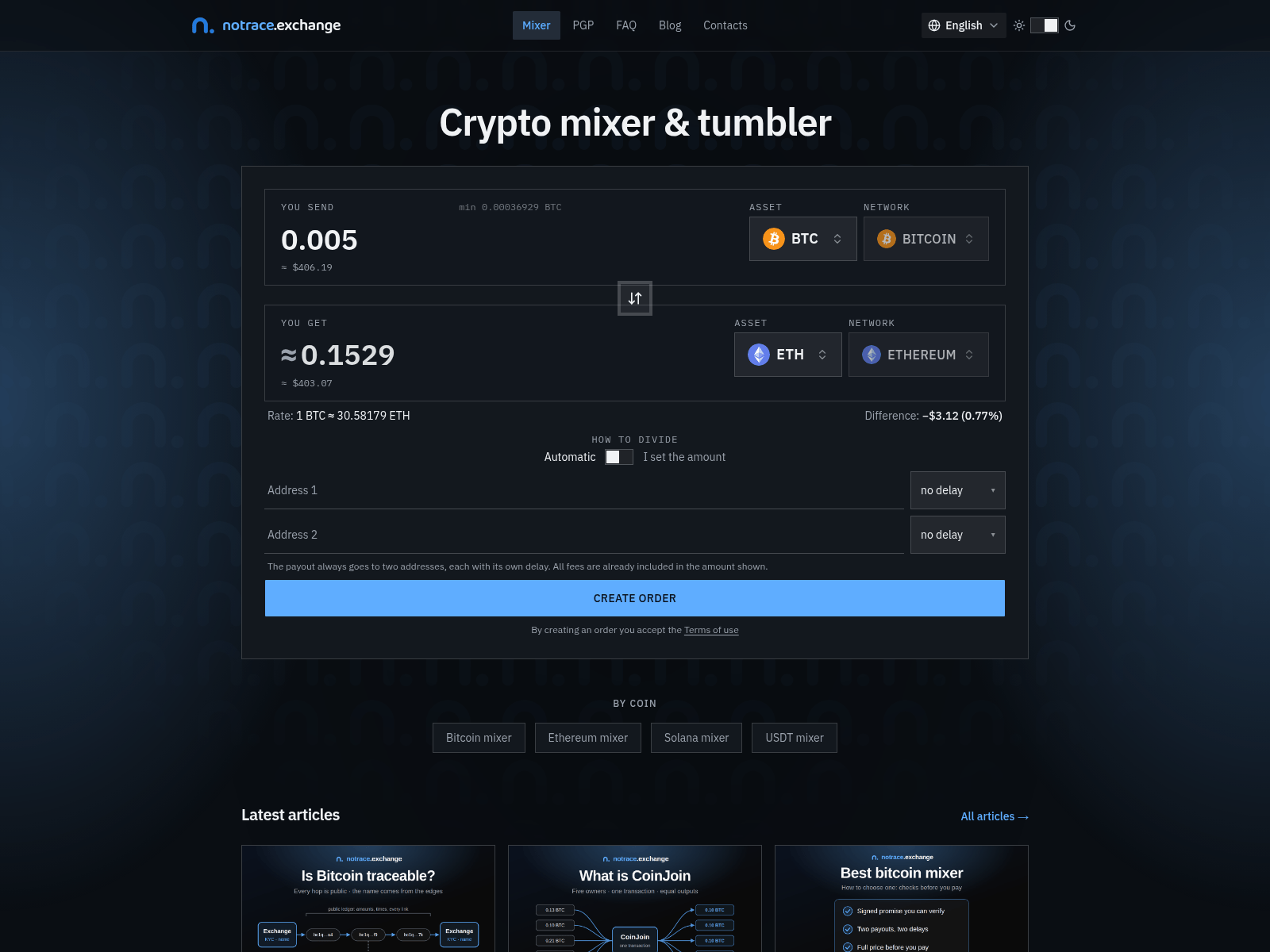 Screenshot of notrace.exchange