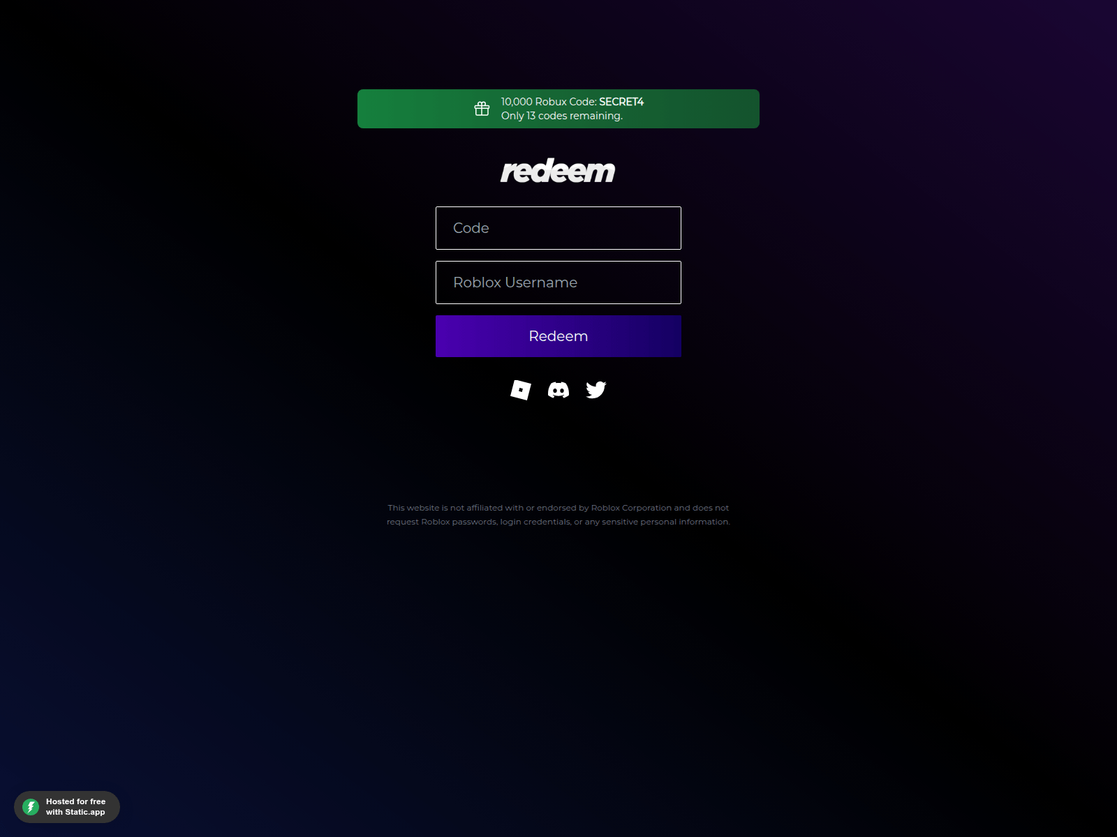 Screenshot of redeemrbx.staticdomains.app
