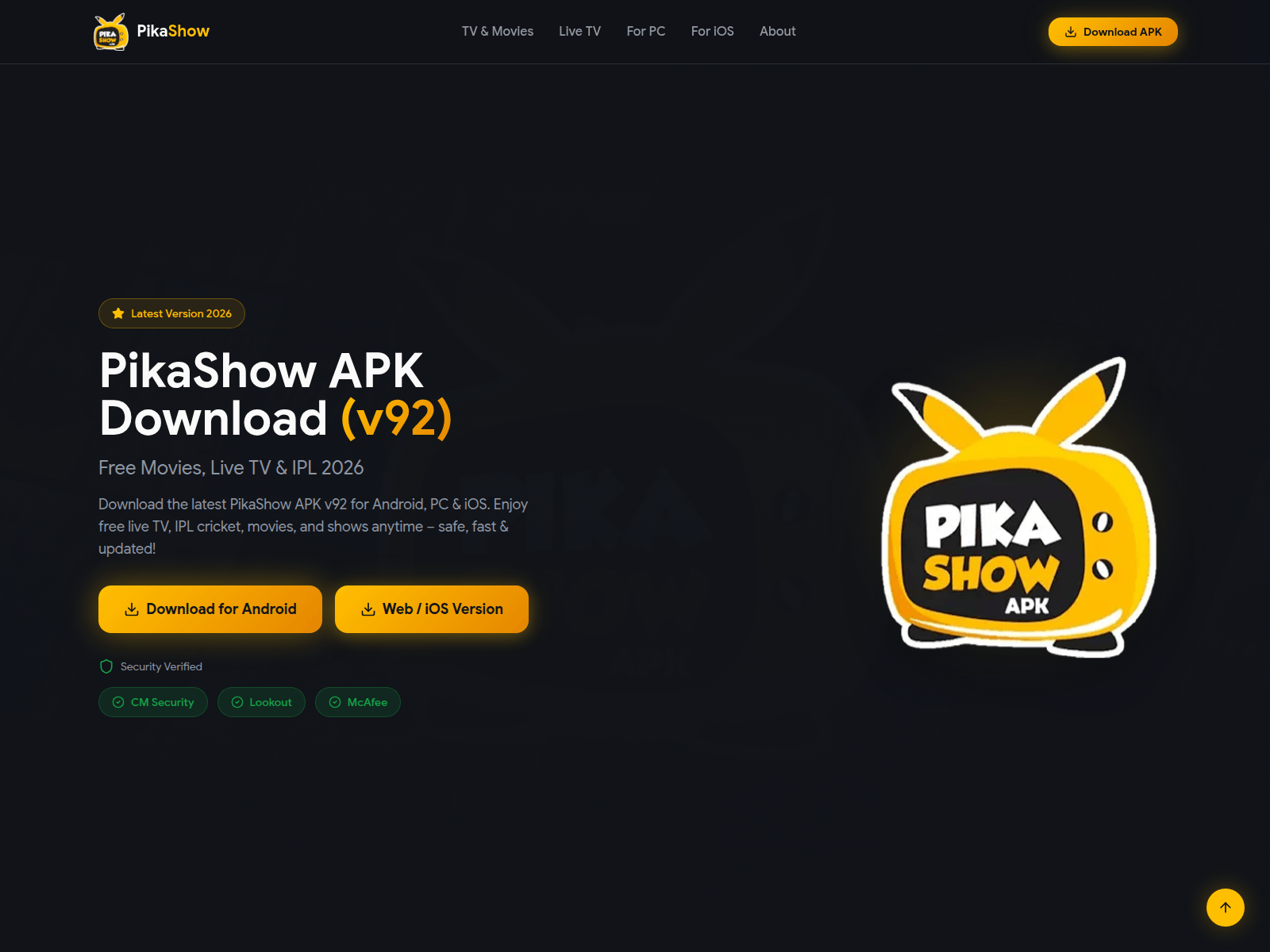 Screenshot of pikashowstv.com