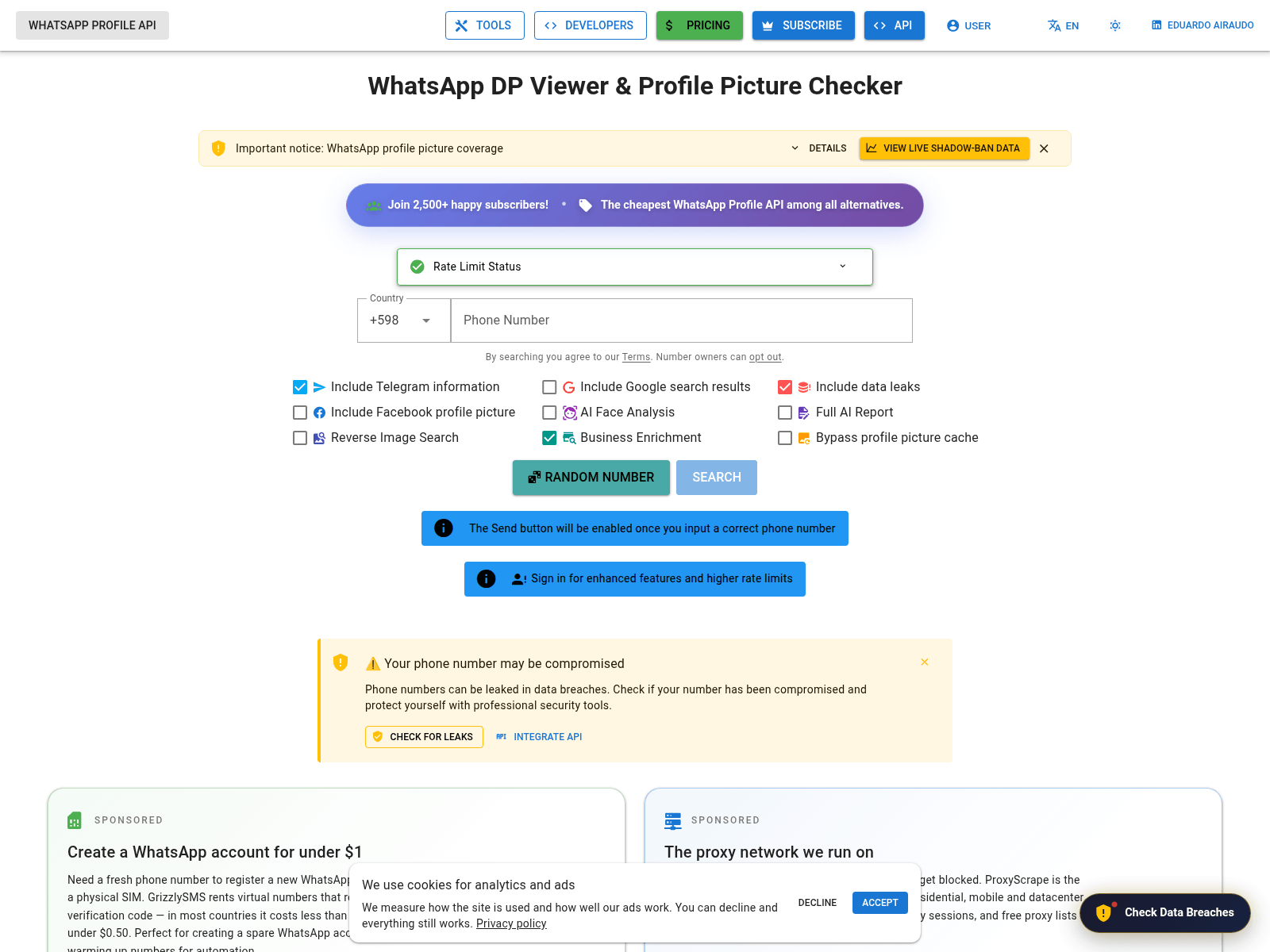 Screenshot of whatsapp.checkleaked.com