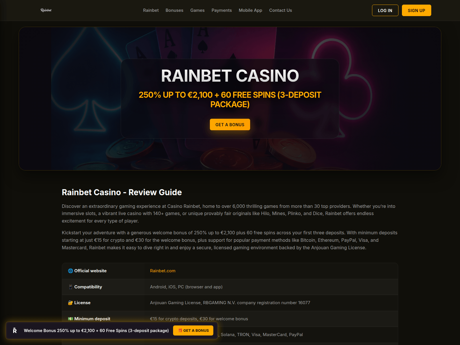 Screenshot of rainbett.co.uk