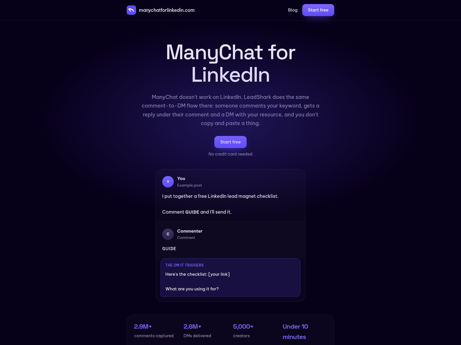 Снимок экрана manychatforlinkedin.com