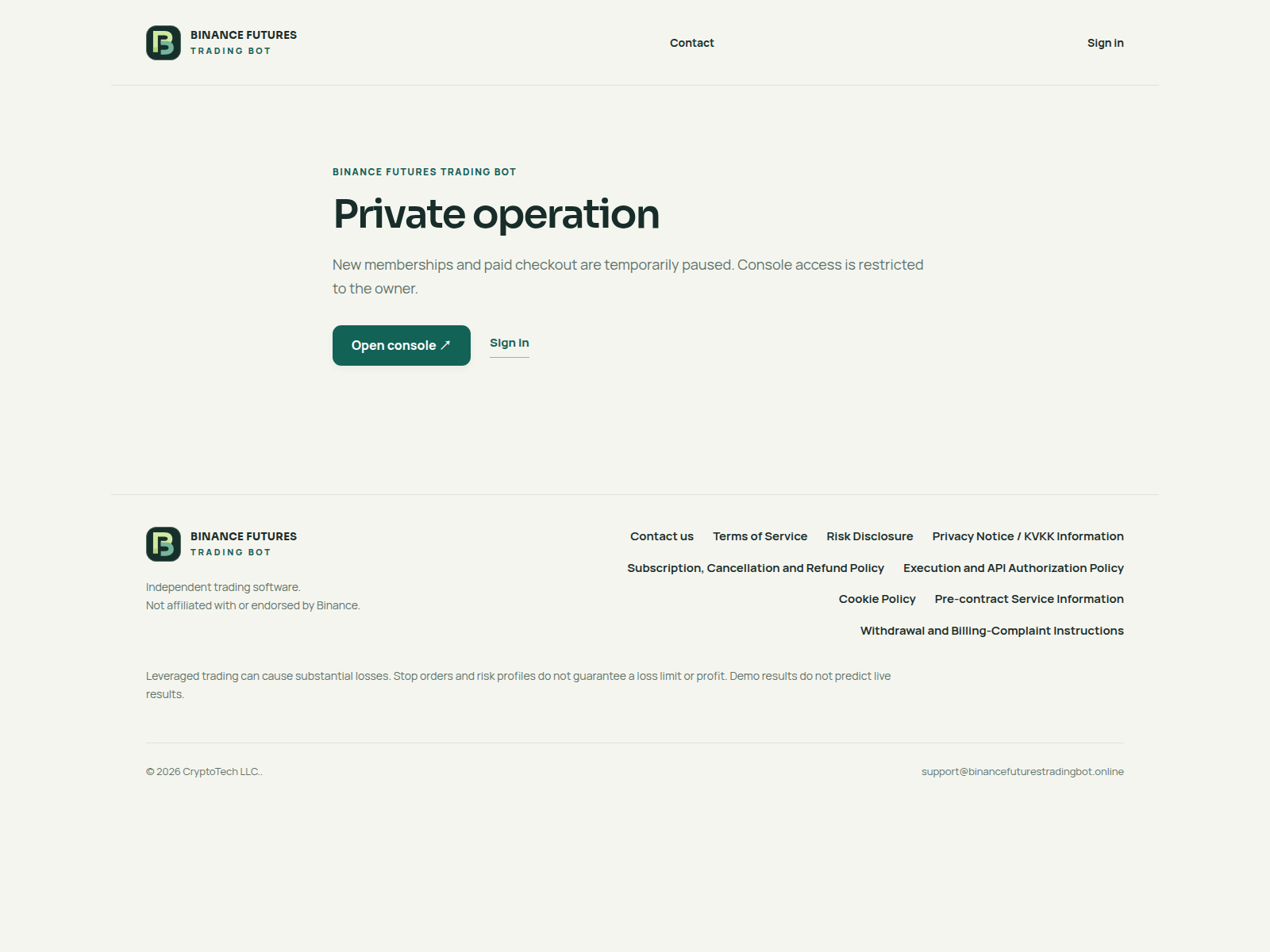Screenshot of binancefuturestradingbot.online