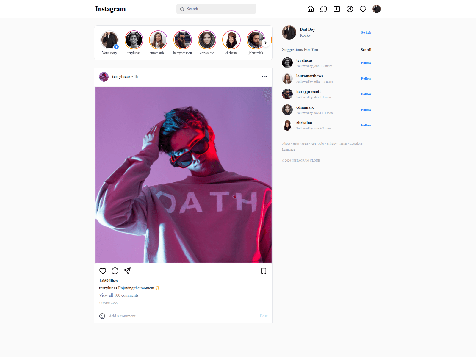 Снимок экрана instagram-clone-olive-five.vercel.app