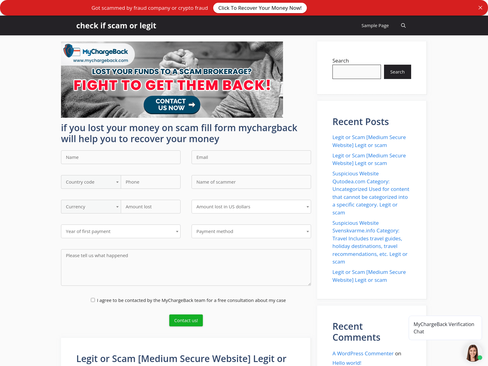 Screenshot of bitcoinscamrecovery.com