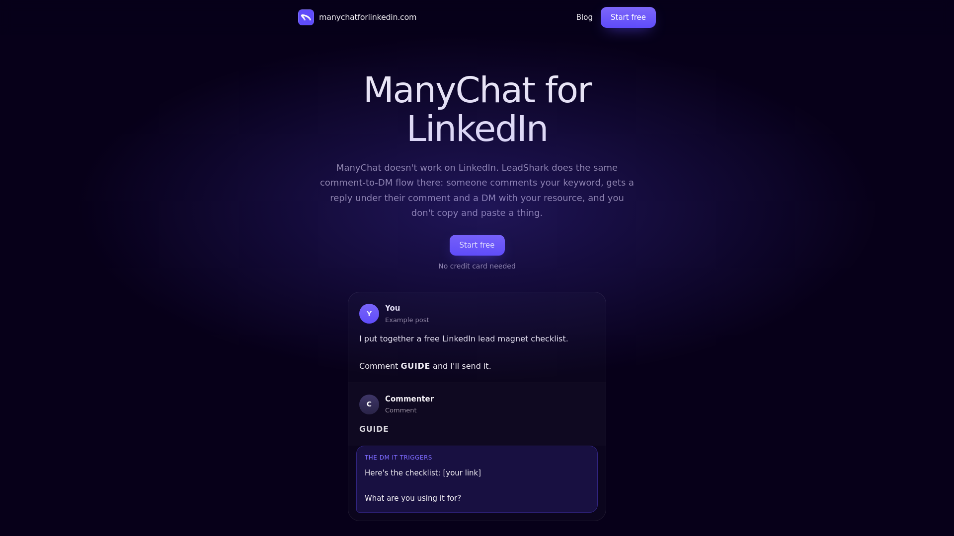 Снимок экрана manychatforlinkedin.com