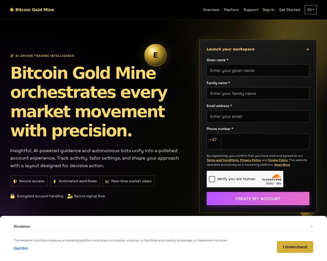 Screenshot of bitcoingoldmineplatform.pro