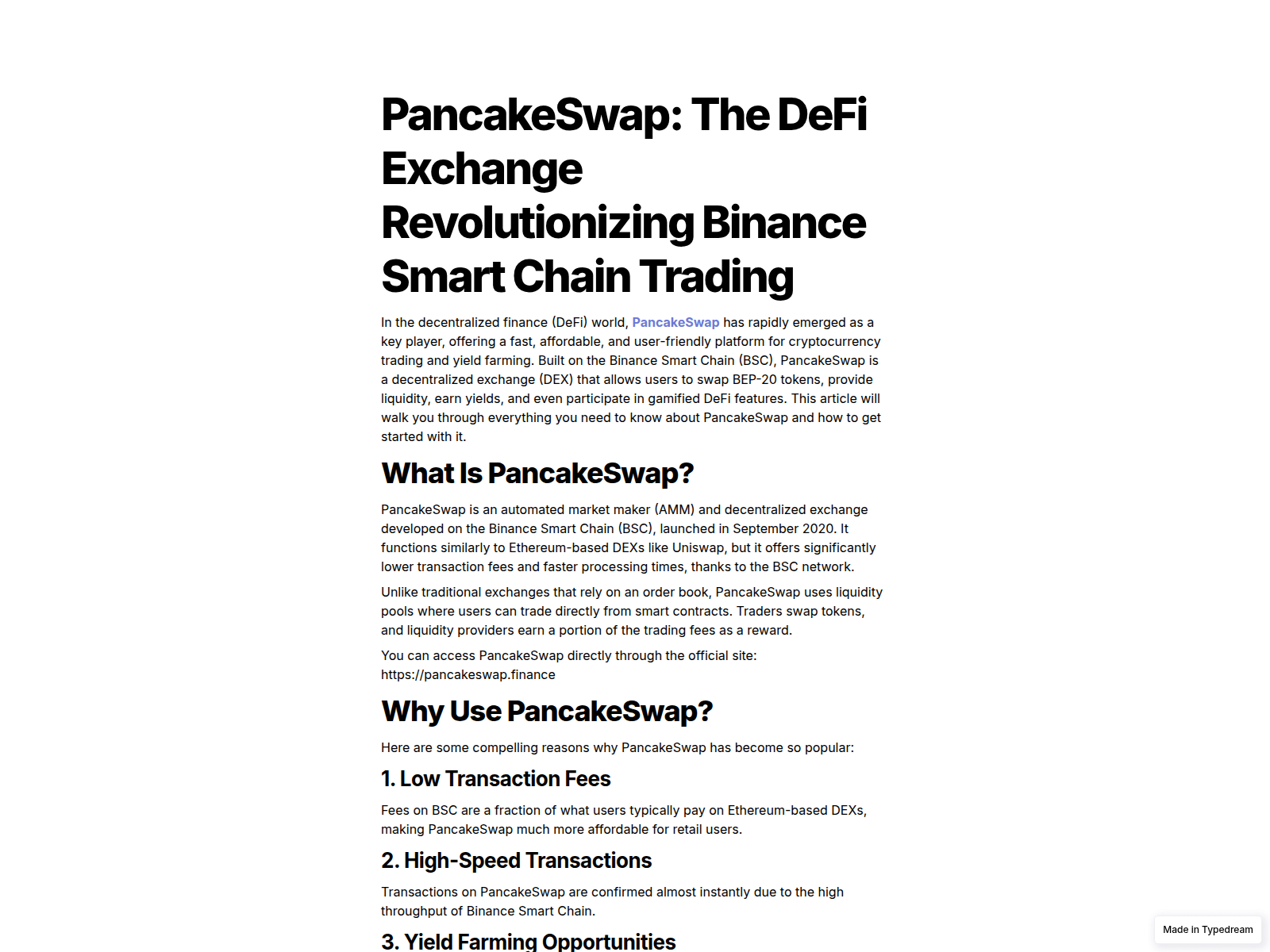 Screenshot of pancakeswap-finance.typedream.app