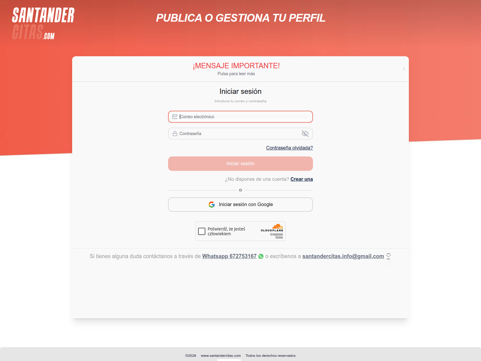 Screenshot of admin.santandercitas.com