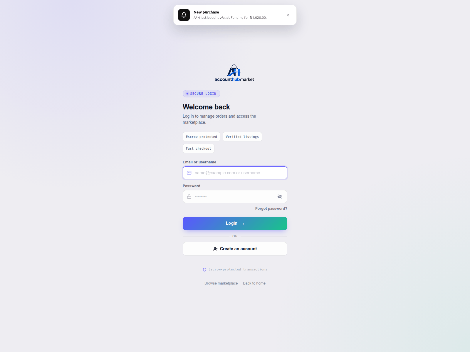 Снимок экрана accounthubmarket.com